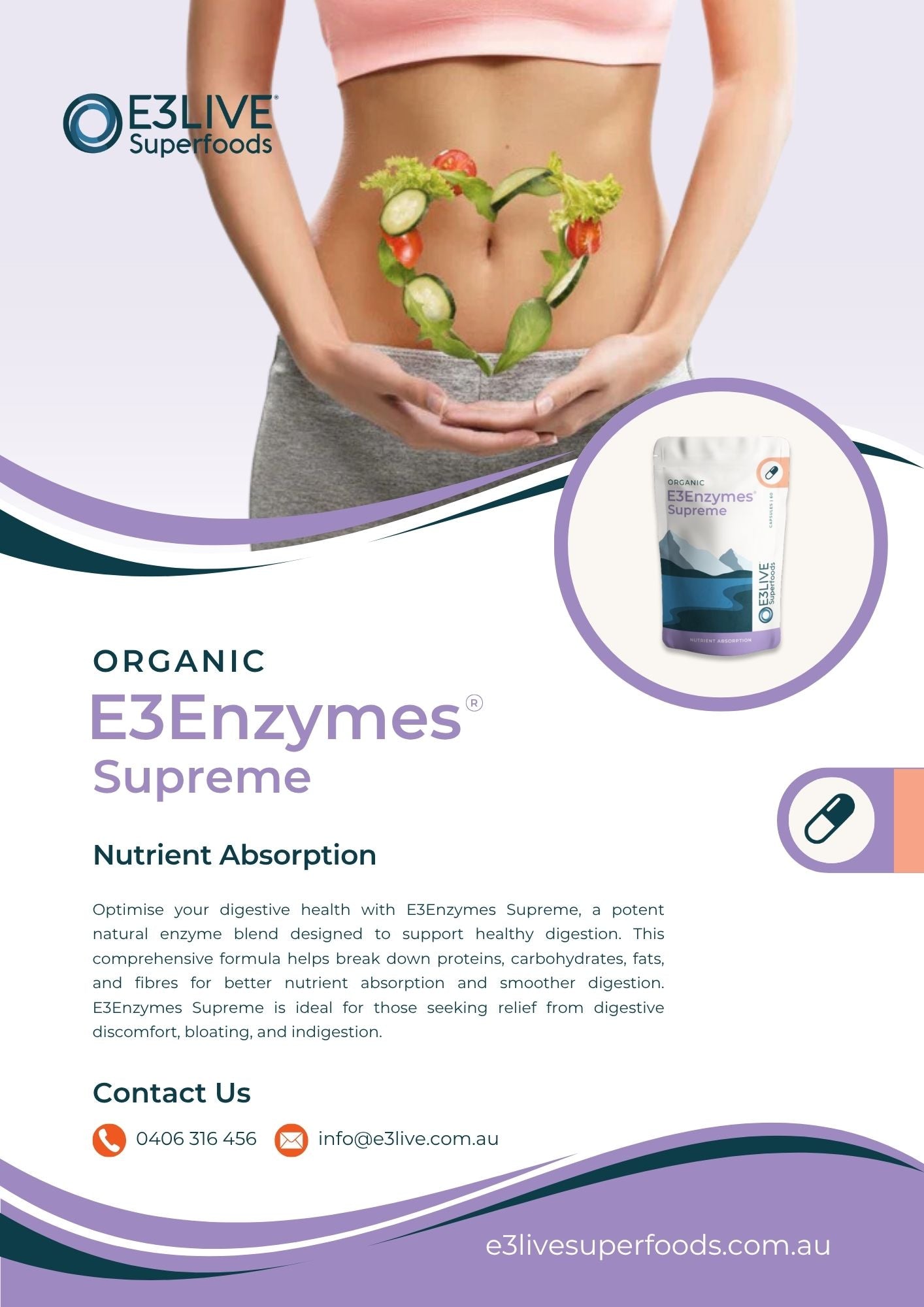 Advertisement for E3Enzymes Supreme with a person holding vegetables and a product image.