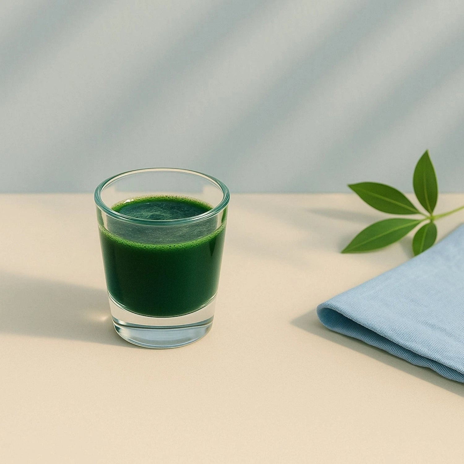 Glass of green juice on a light surface with a blue napkin and green leaves.