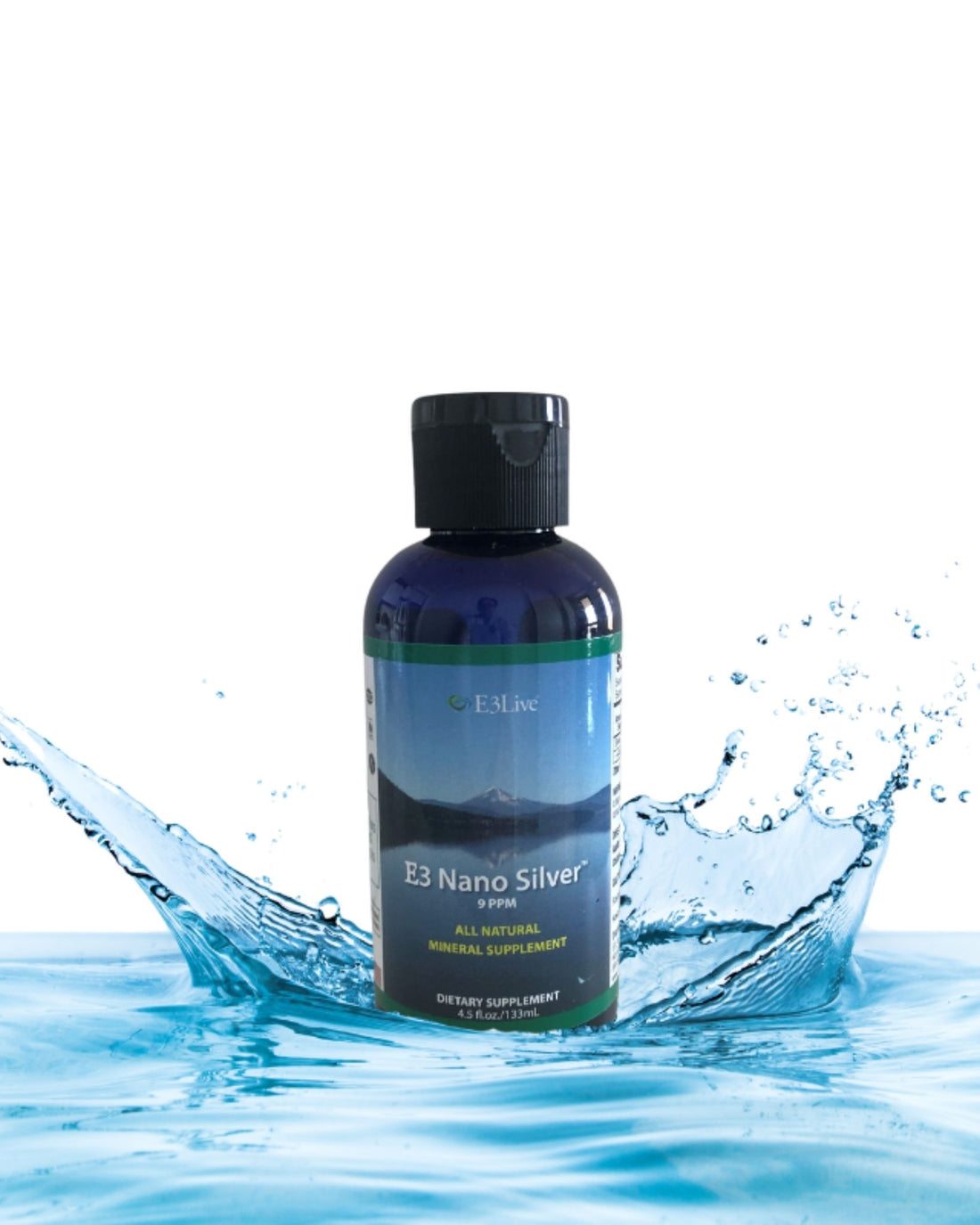 Bottle of E3 Nano Silver supplement with water splash on a white background