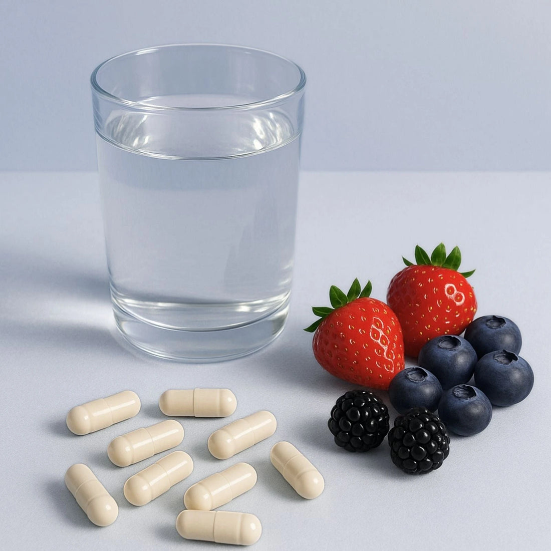 Glass of water with E3Probiotics capsules, strawberries, blueberries, and blackberries on a light gray background