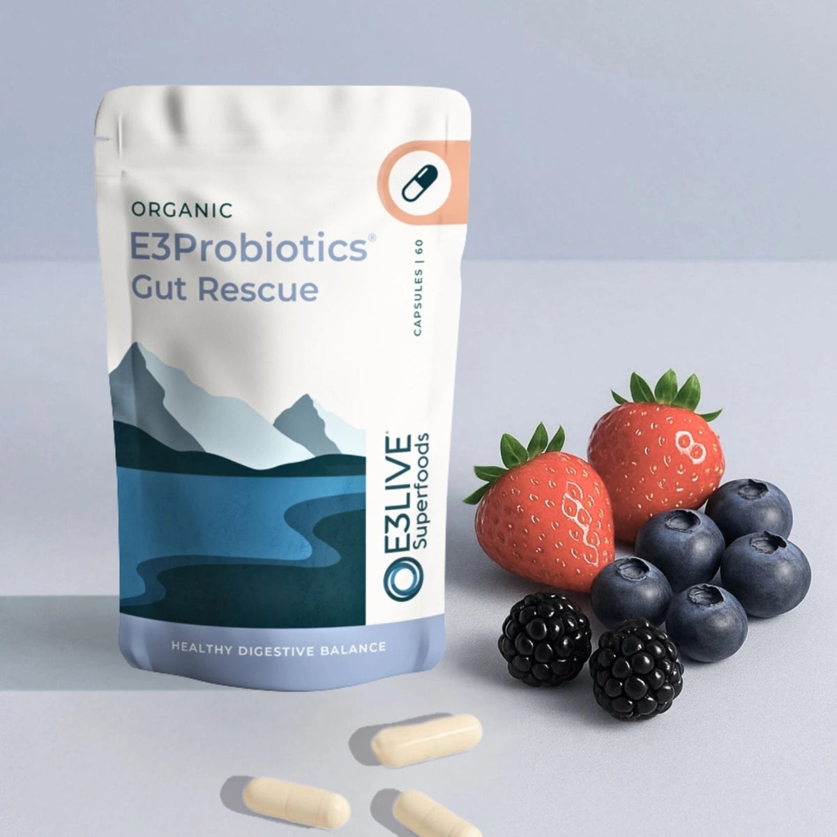 E3Probiotics Gut Rescue packaging with berries on a light gray background