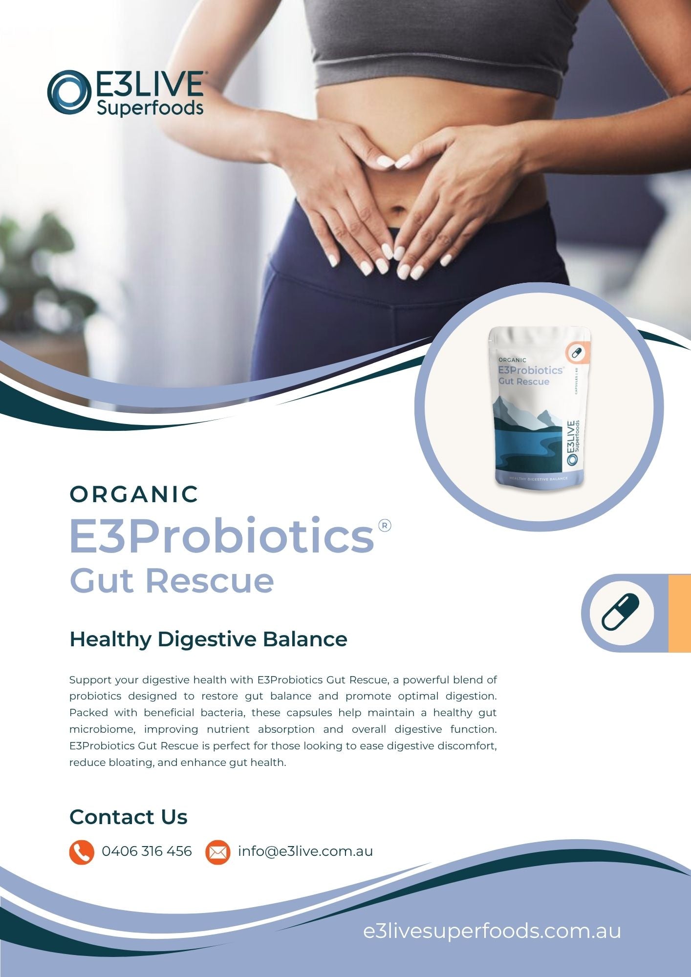 Advertisement for E3Probiotics Gut Rescue with a person holding their stomach.