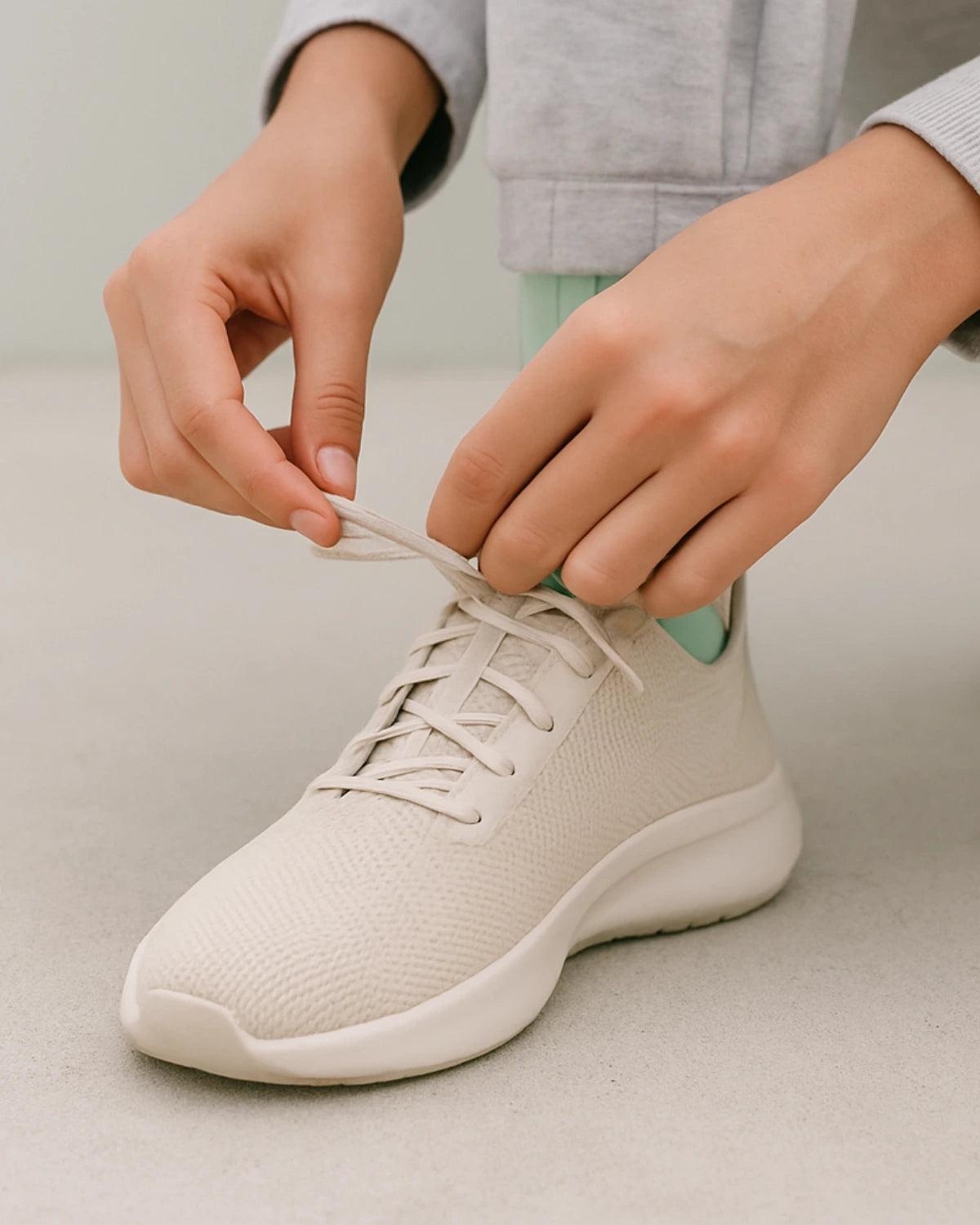 Person tying the laces of a beige sneaker on a neutral background