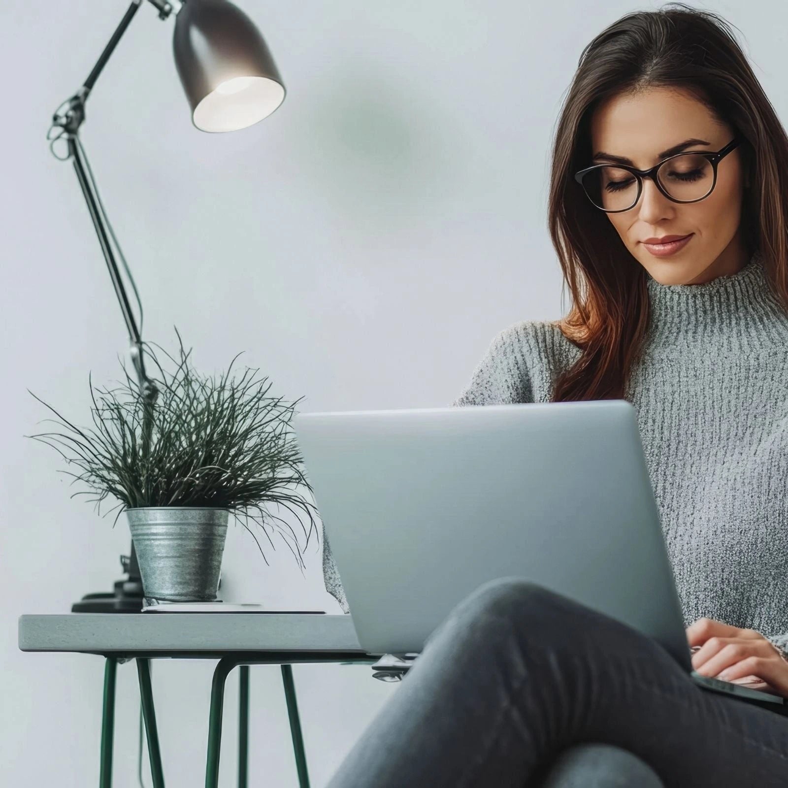 Woman using a laptop in a home office setting with a lamp and plant.