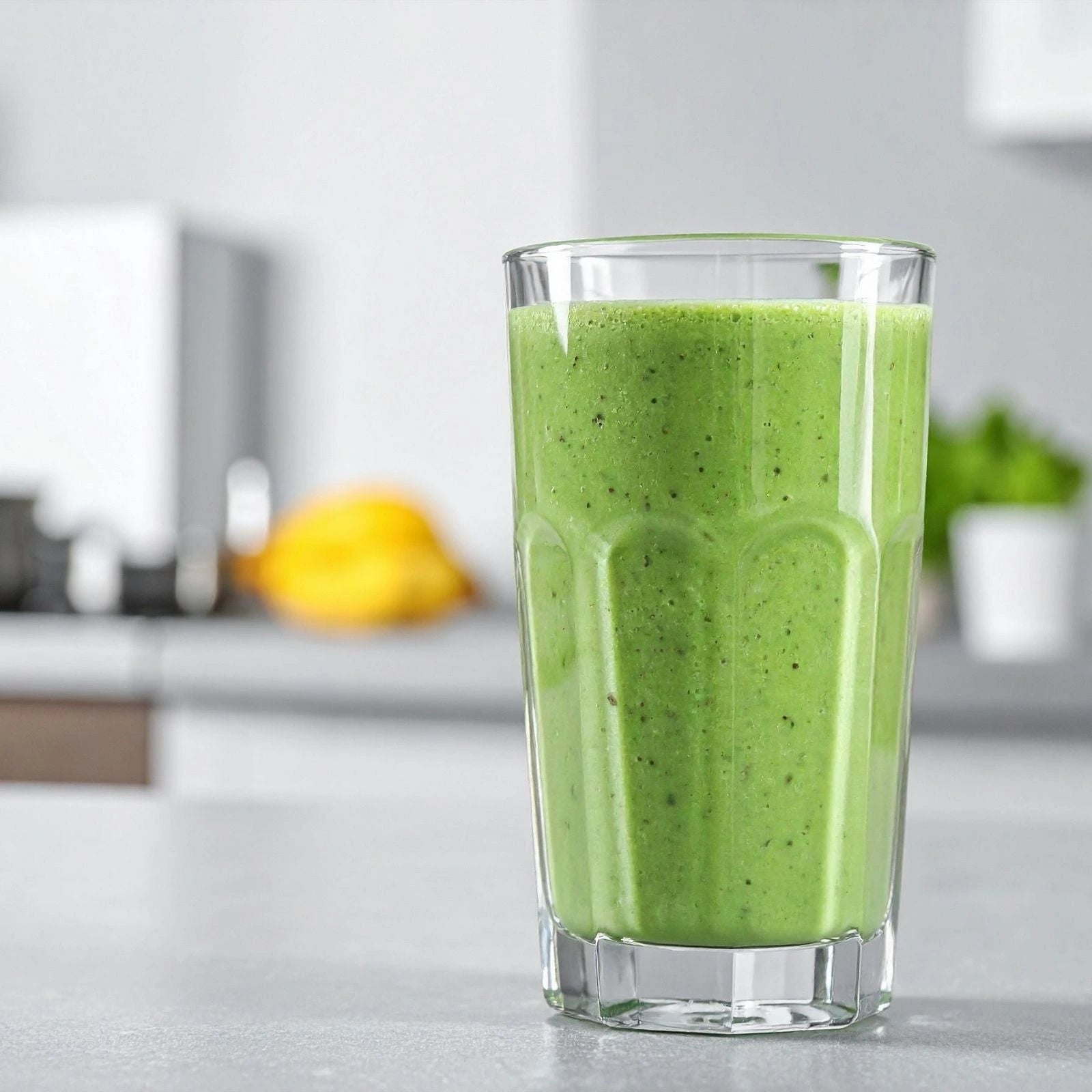 Green smoothie in a glass on a kitchen counter