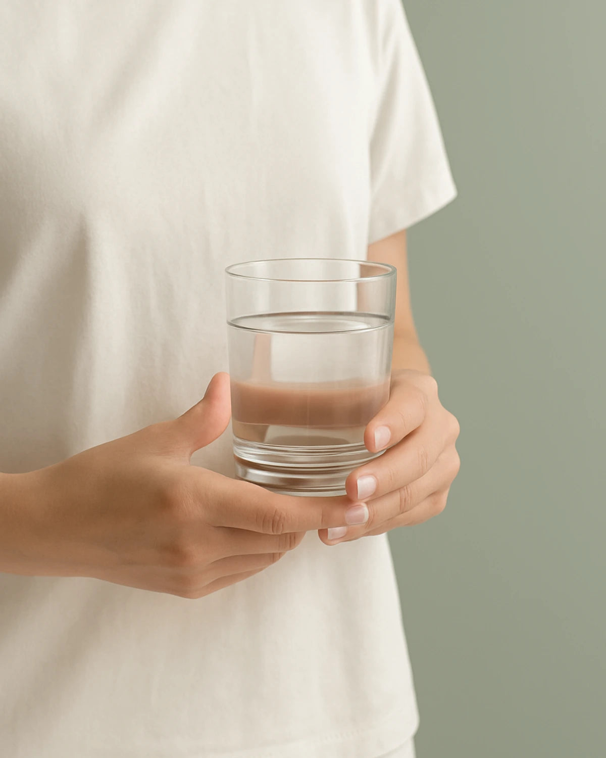 Person holding a glass of water against a green background