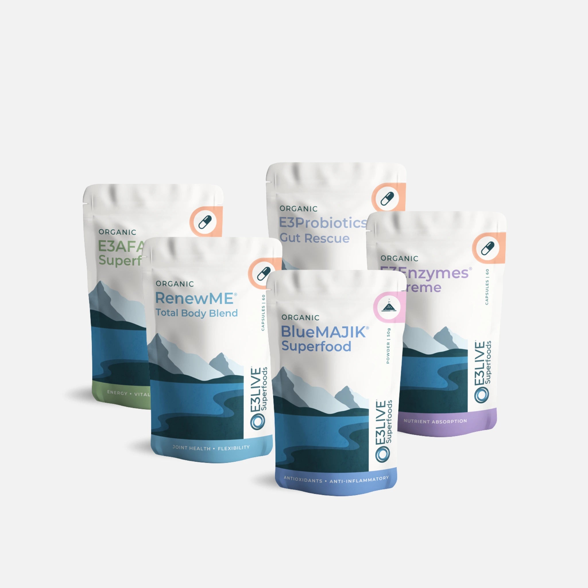 E3Live Energy & Performance Pack: E3AFA Capsules, RenewME Total Body Blend Capsules, E3Probiotics Gut Rescue Capsules, E3Enzymes Supreme Capsules + BlueMAJIK Powder.