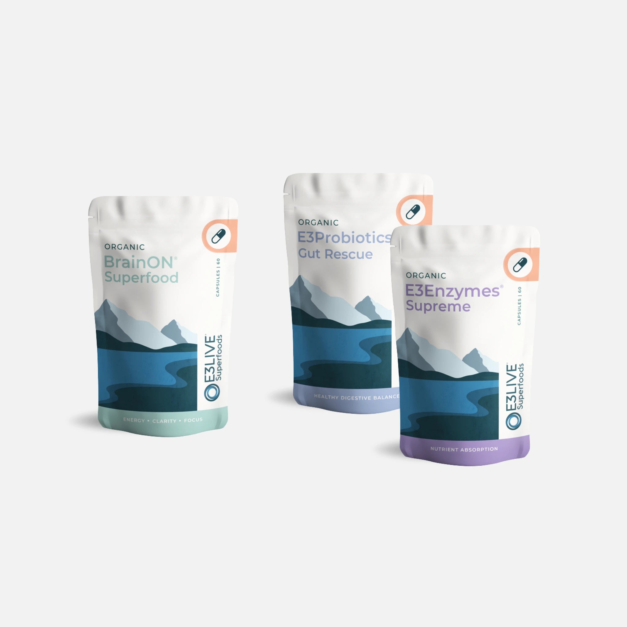 E3Live Focus, Clarity & Mood Pack: BrainON Capsules, E3Probiotics Gut Rescue Capsules, and E3Enzymes Supreme Capsules.