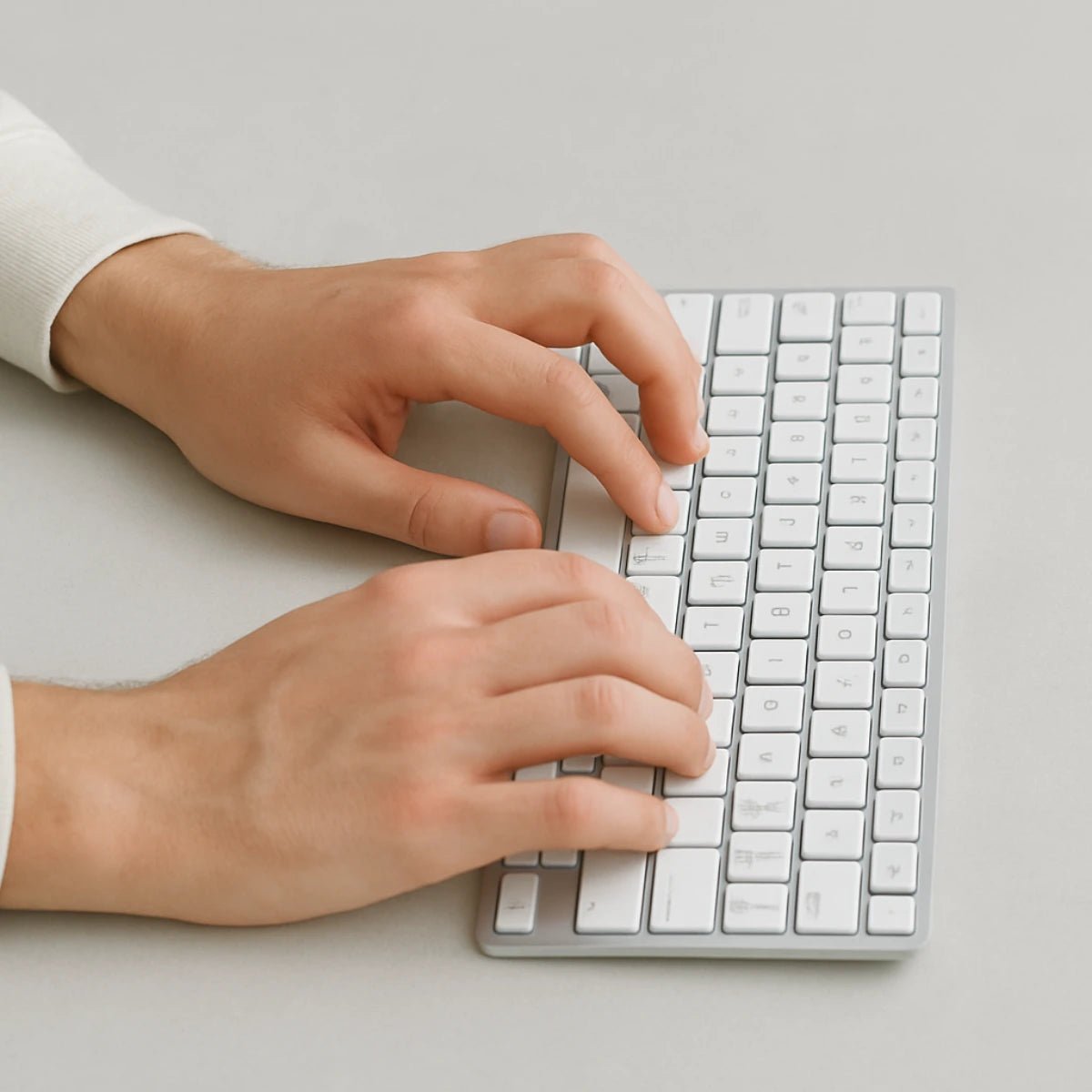 Hands typing on a white keyboard on a representing Focus, Clarity & Mind Balance.