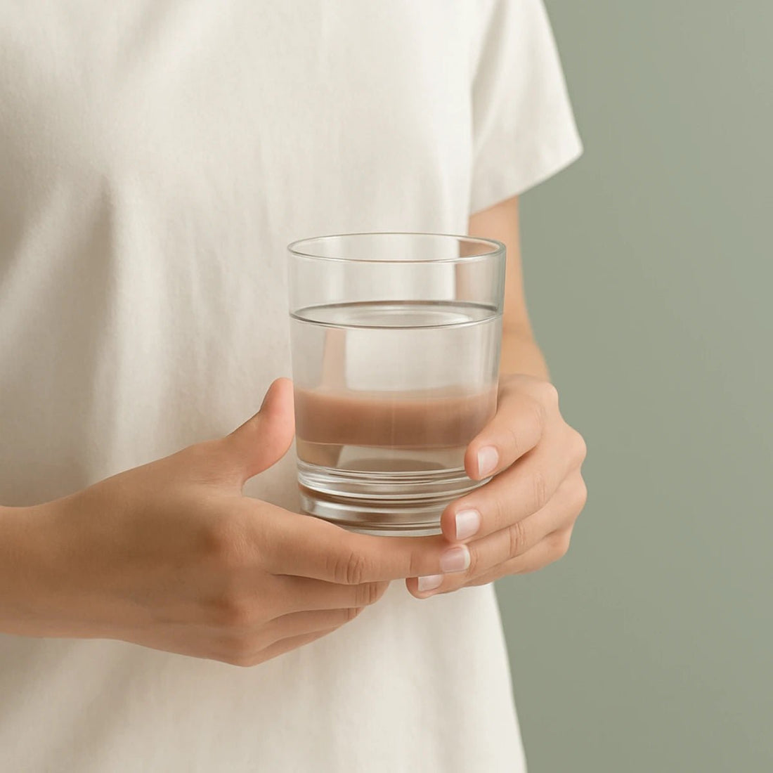 Person holding a clear glass of water with a mixed supplement, representing wellness and immunity.