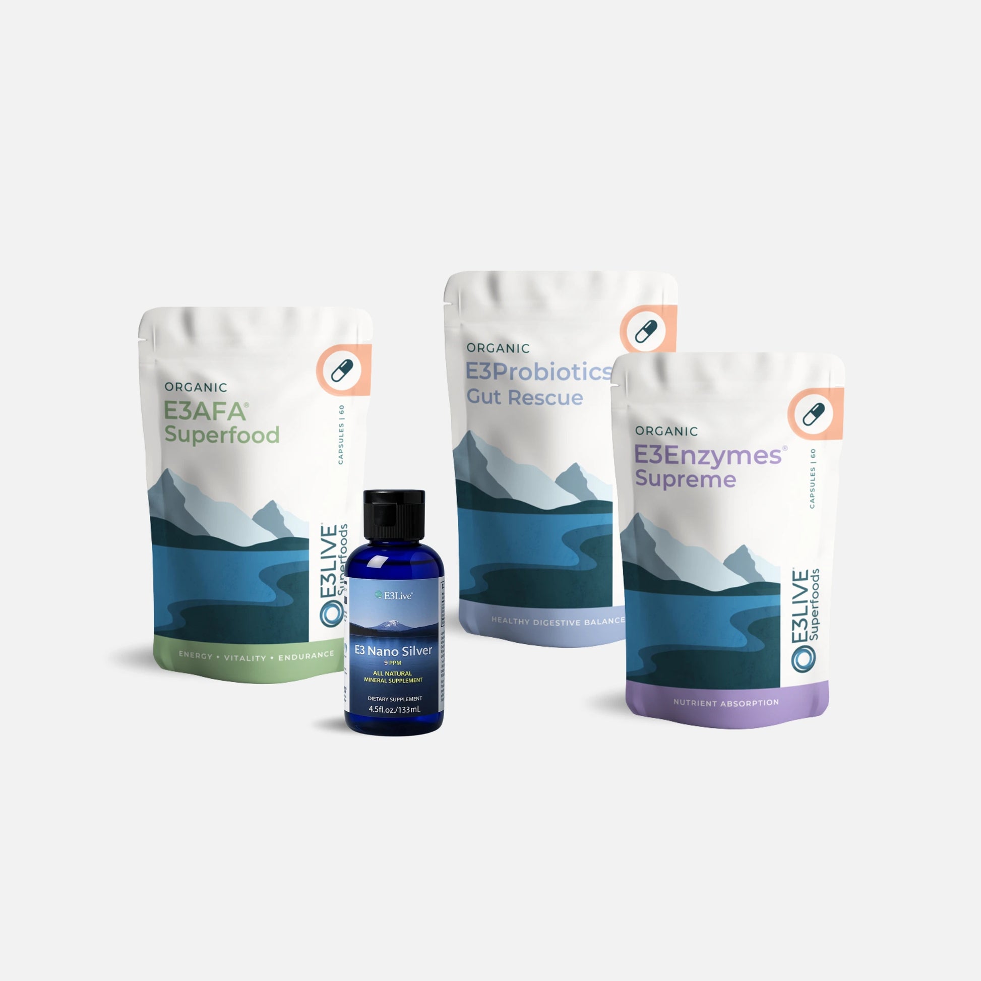 E3Live Wellness & Immunity Pack: E3AFA Capsules, E3Probiotics Gut Rescue Capsules, E3Enzymes Supreme Capsules, and E3 Nano Silver Liquid.