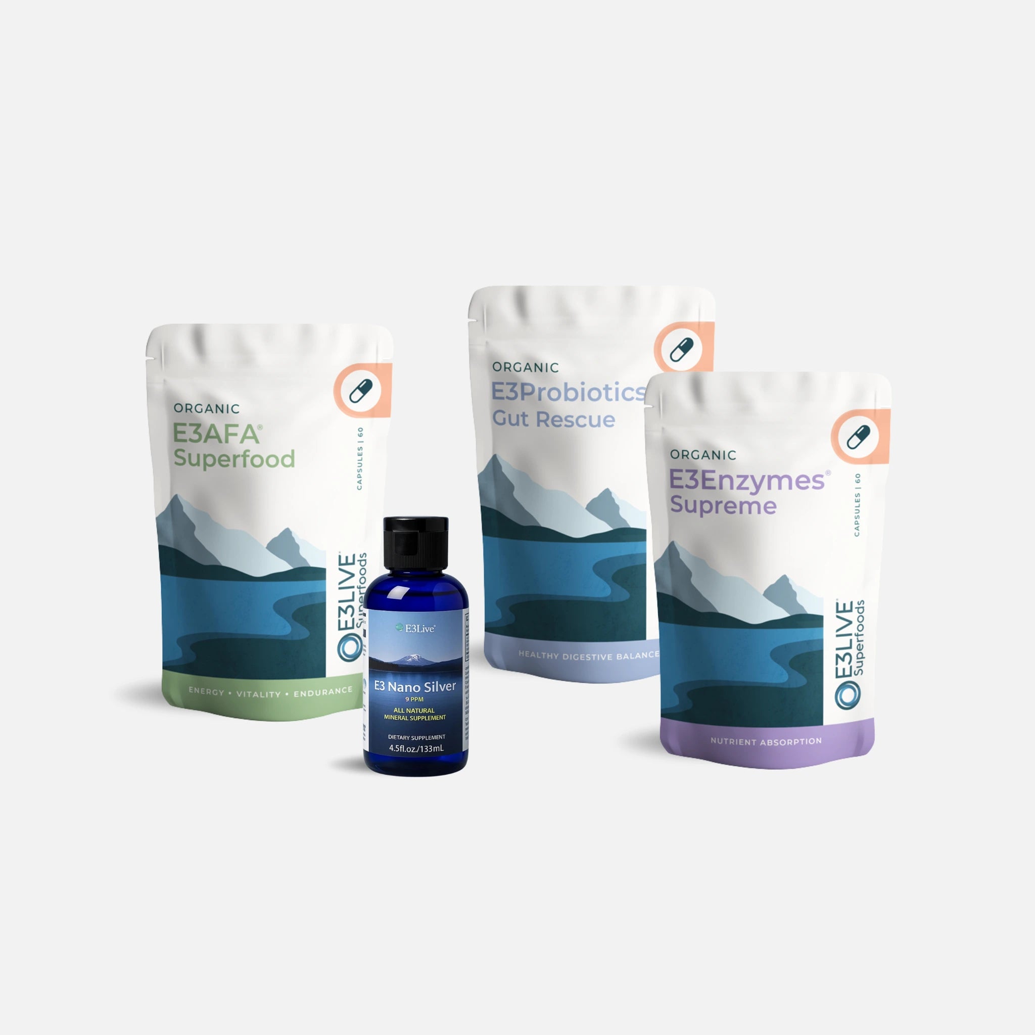 E3Live Wellness & Immunity Pack: E3AFA Capsules, E3Probiotics Gut Rescue Capsules, E3Enzymes Supreme Capsules, and E3 Nano Silver Liquid.