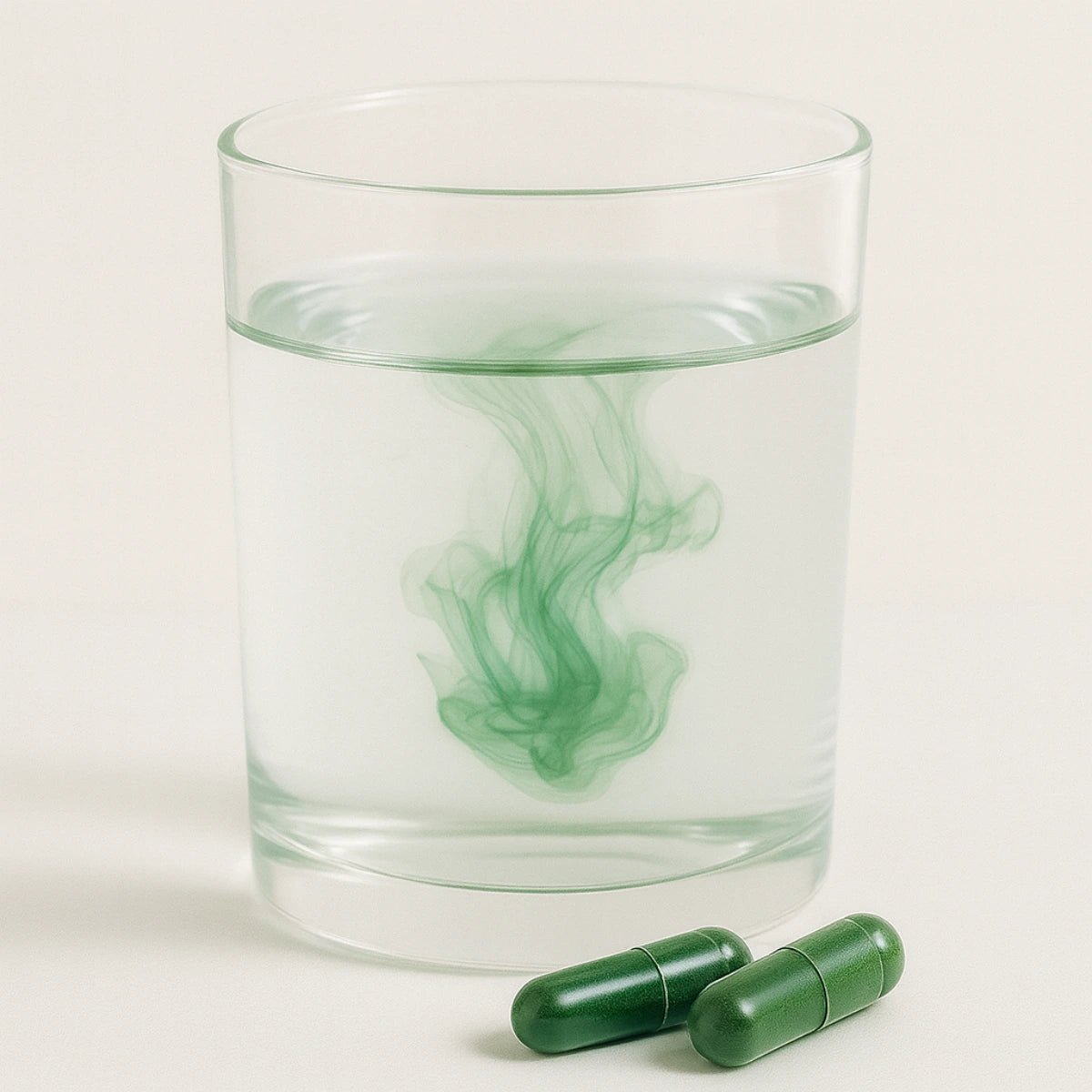 Glass of water with green swirl and two green capsules on a light background