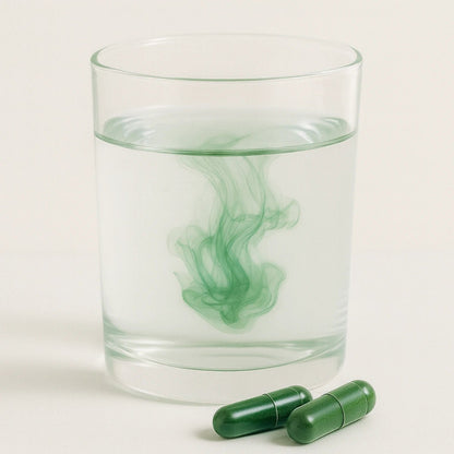 Glass of water with green swirl and two green capsules on a light background