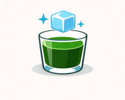 Glass of green liquid with a floating ice cube on a white background