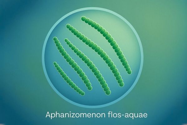 Illustration of Aphanizomenon flos-aquae with green colonies on a blue background