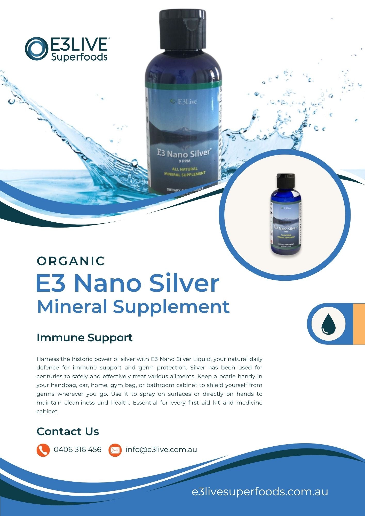 E3 Nano Silver mineral supplement bottle with branding and product details on a blue and white background.