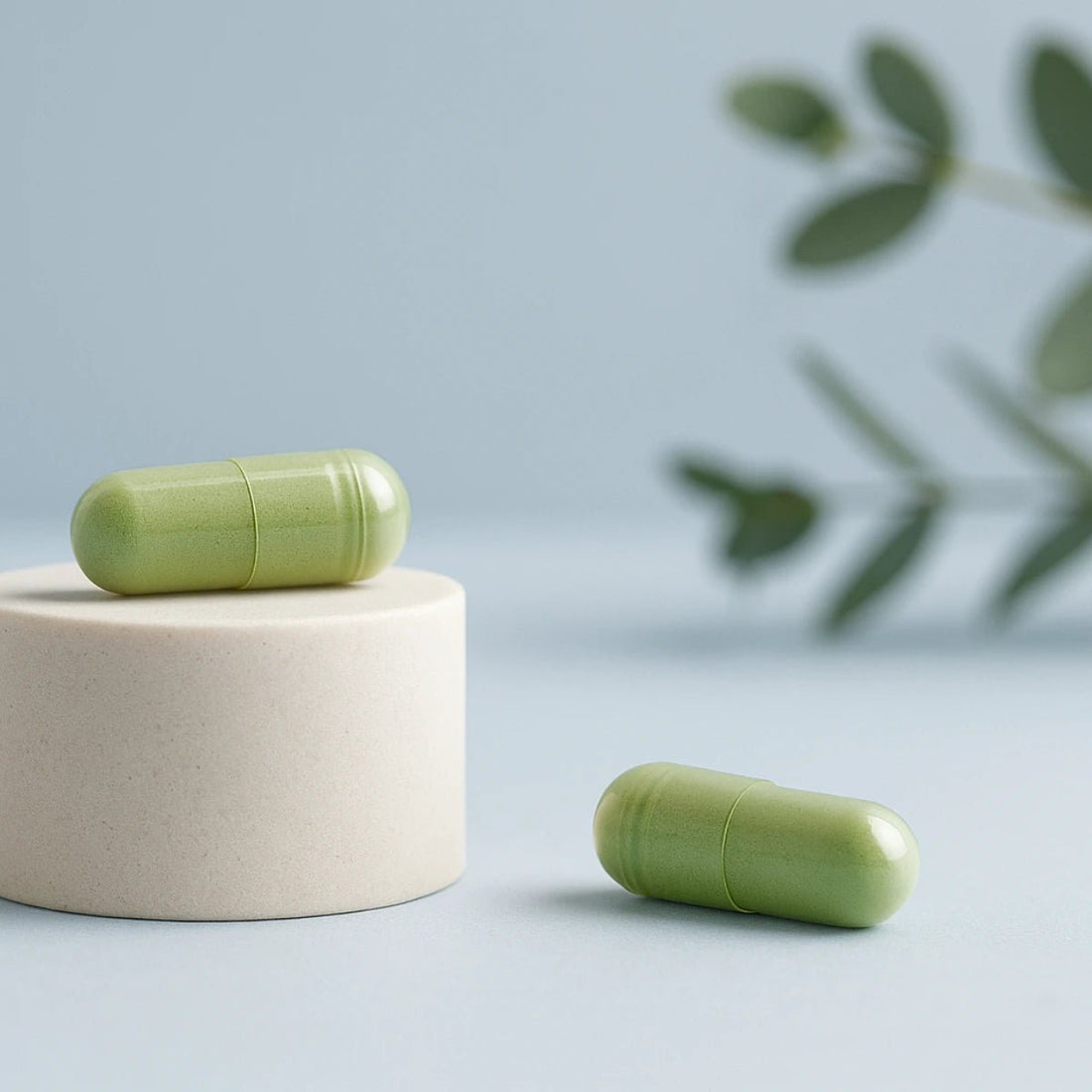 Two green capsules on a light beige cylindrical stand with a blurred plant in the background.