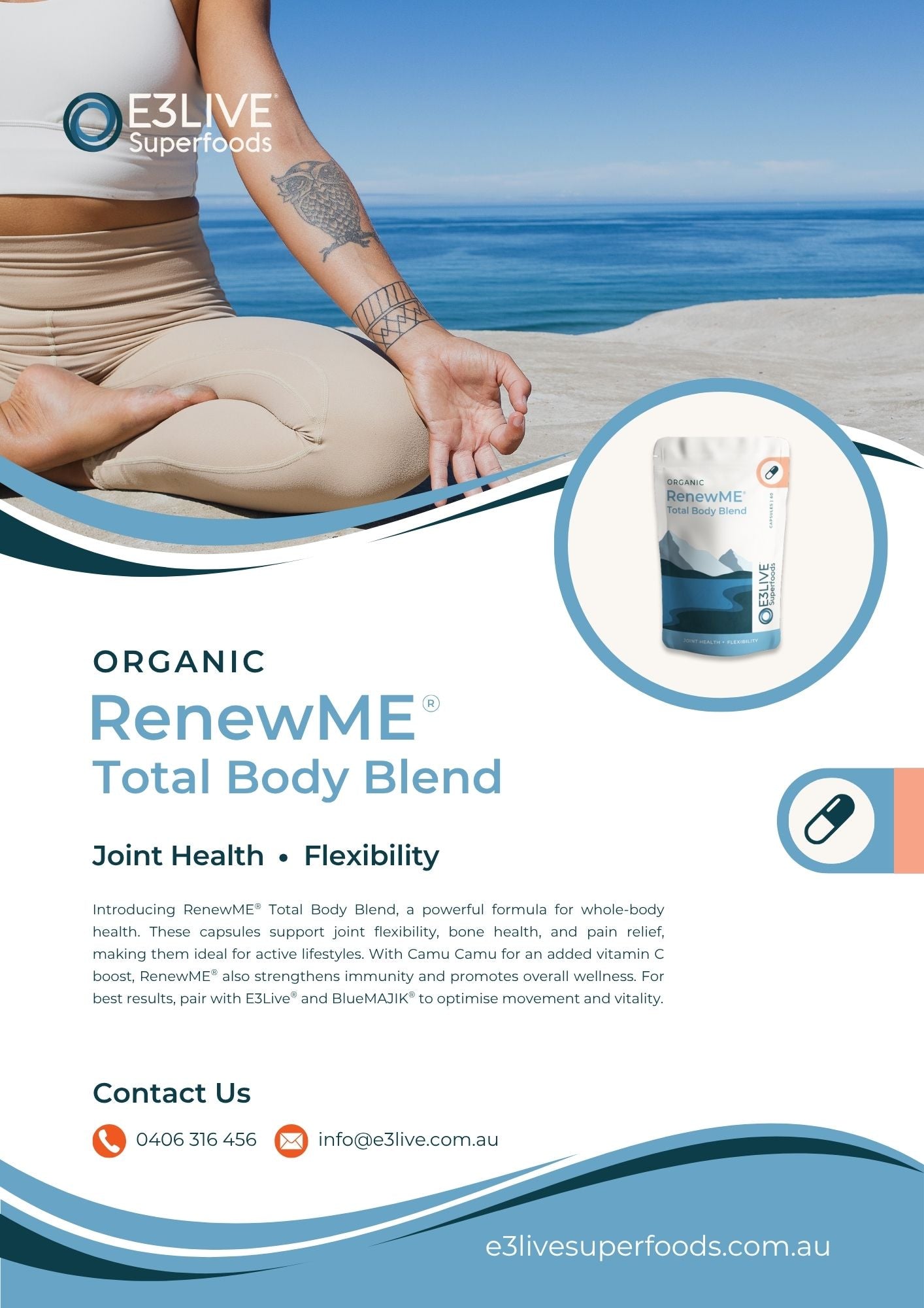 Advertisement for E3LIVE Superfoods Organic RenewME Total Body Blend on a beach background.