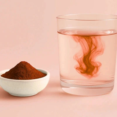 Astaxanthin powder in a small bowl next to a glass of water with red powder swirls on a pink background