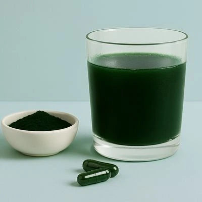 Glass of green liquid with a bowl of BrainON powder and capsules on a light teal background