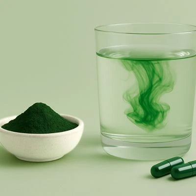 E3AFA powder in a bowl, glass of water with swirling green powder, and capsules on a light green background