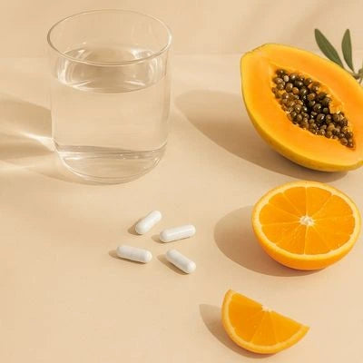 Glass of water, half a papaya, orange slices, and white capsules on a beige background