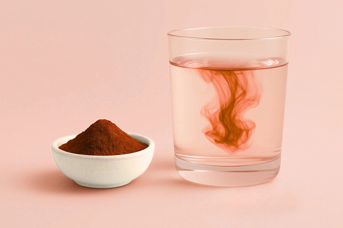 Astaxanthin powder in a small bowl next to a glass of water with red powder swirls on a pink background
