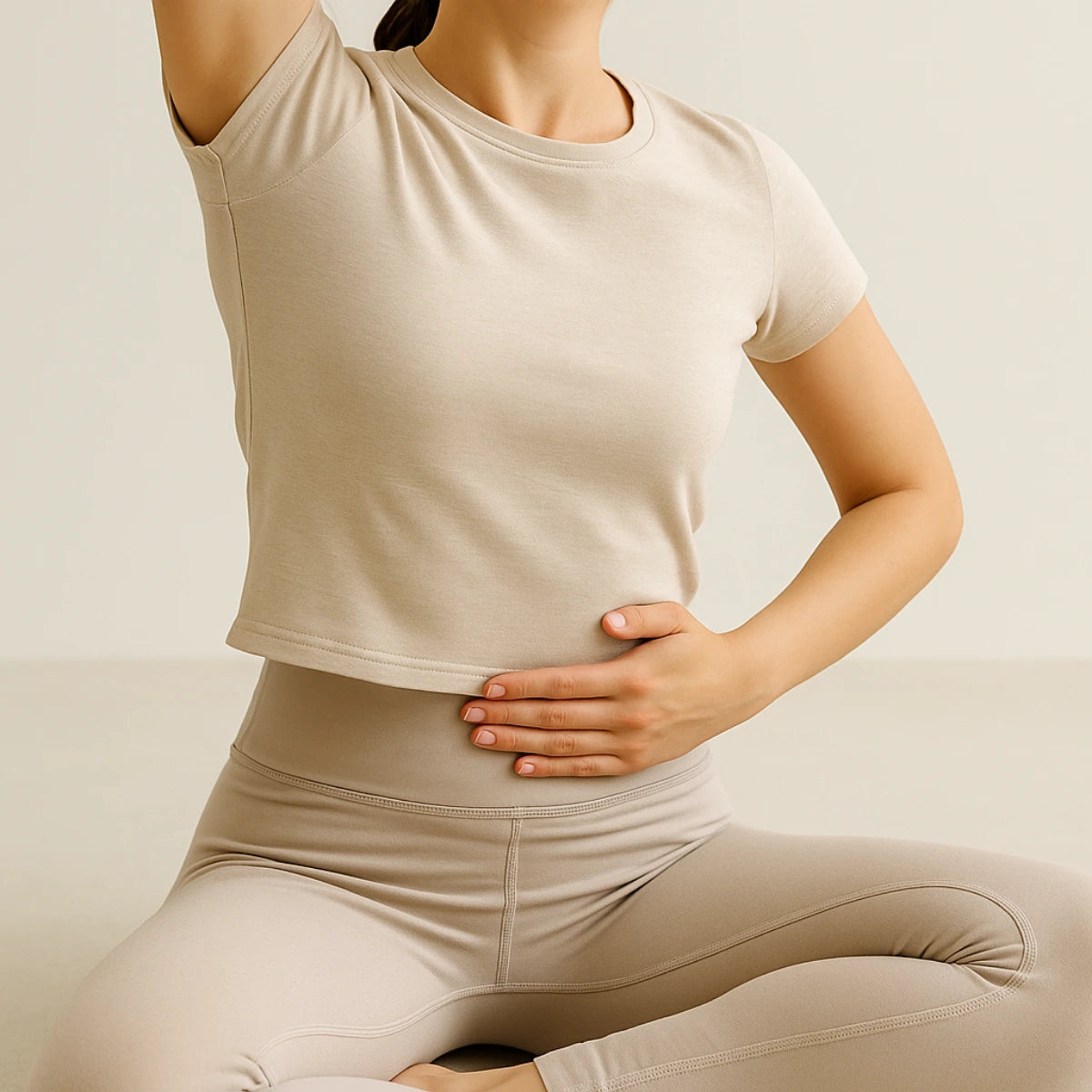 Person wearing a beige t-shirt and leggings on a plain background