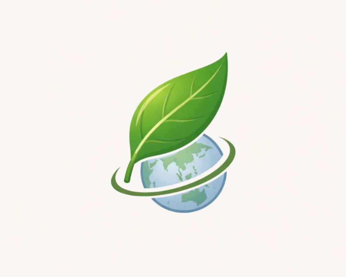 Logo with a green leaf and globe on a white background