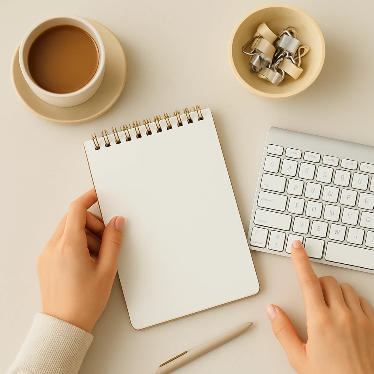 Person holding a notebook next to a keyboard on a light surface with a cup of coffee and decorative items.