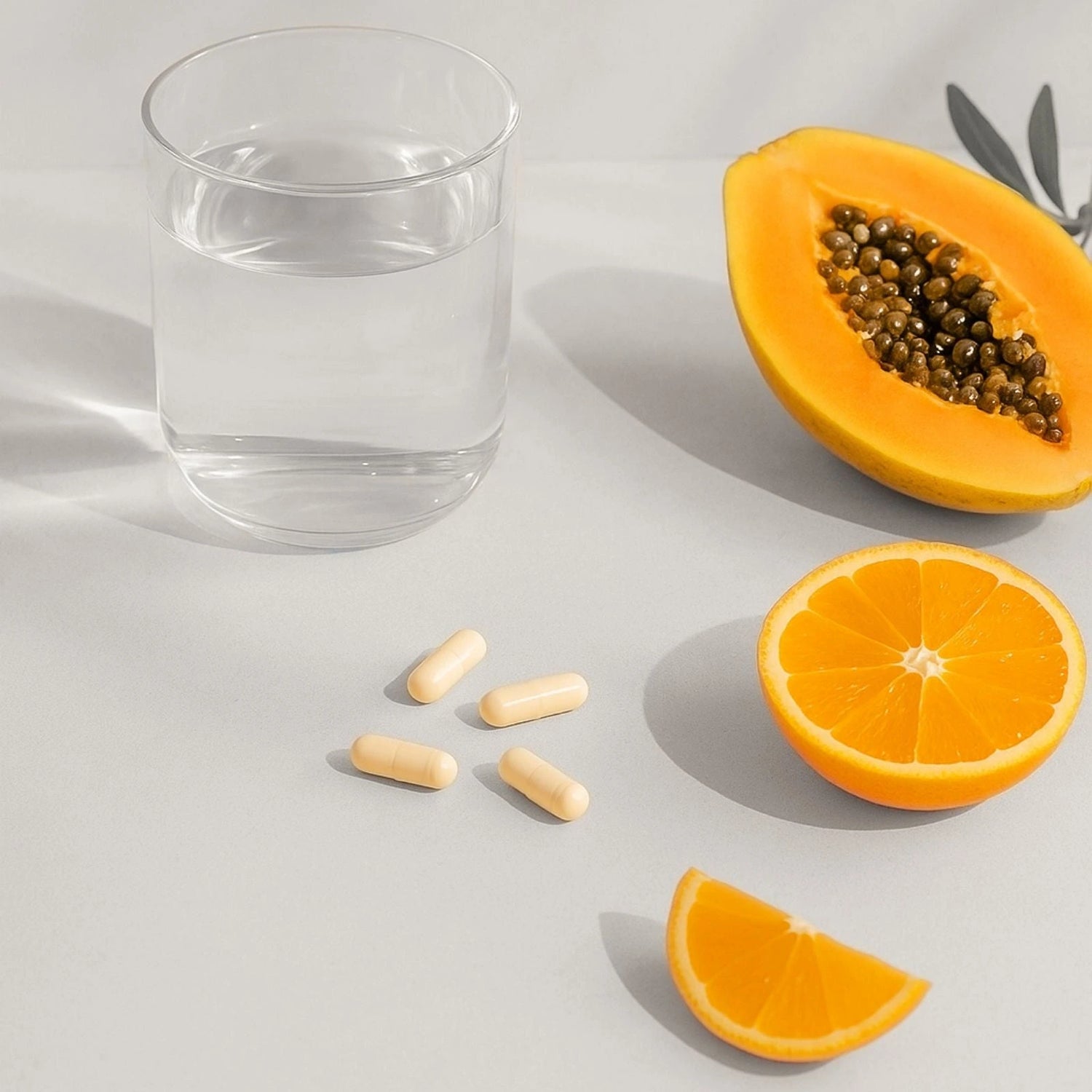 Glass of water, half a papaya, half an orange, and capsules on a light gray background