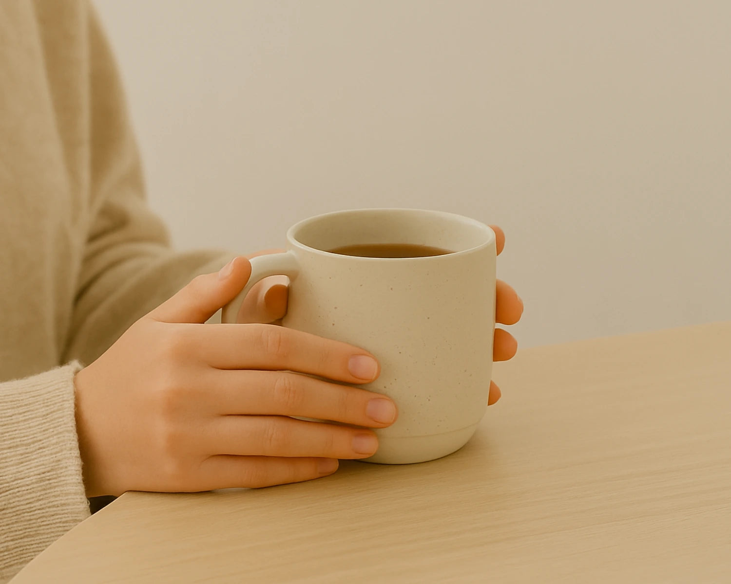 Person holding a white mug with a warm beverage on a wooden surface.